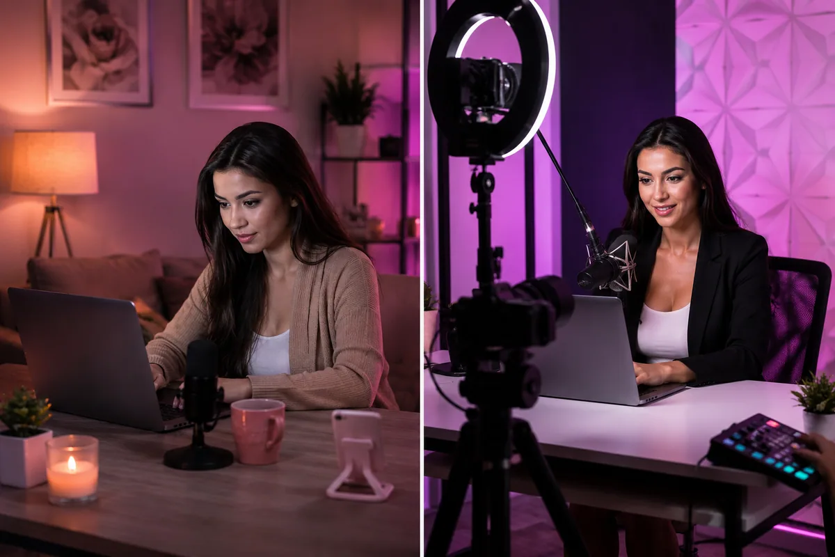 Comparison of a webcam model working from home and in a professional studio